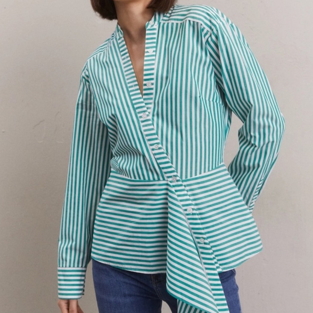 Veronica Beard Claude Green White Striped Cotton Button Asymetrical Top L NWT